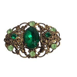 Vintage Czech Filigree Green Art Glass Brooch Pin Button Gold Tone Retro Jewelry